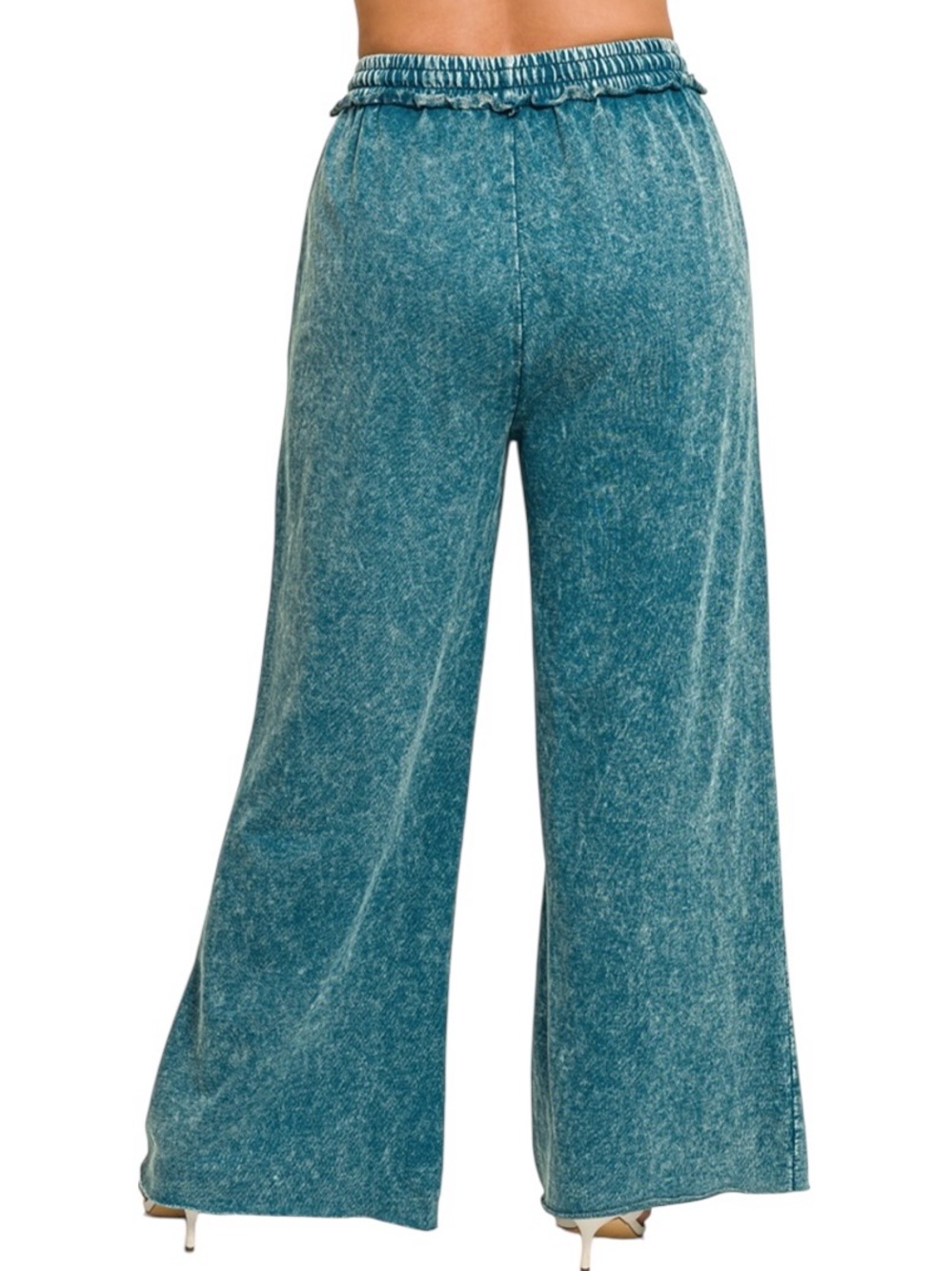 Zenana Teal Wash Cotton French Terry Wide Leg Pants - Picture 4 of 7